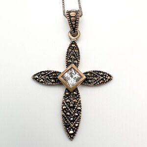 Vintage cross pendant necklace, 18” chain, sterling 925 silver, clear gemstone